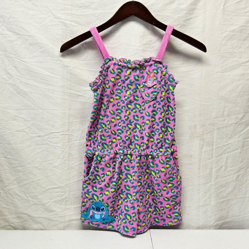 Disney Romper Kids 11/12 Pink Leopard Stitch Angel Terry Cloth Sleeveless